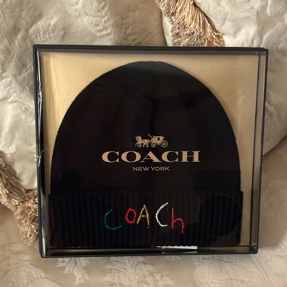 Coach Women's Boxed Embroidered Rib Trim Wool Beanie - Black - NIB
